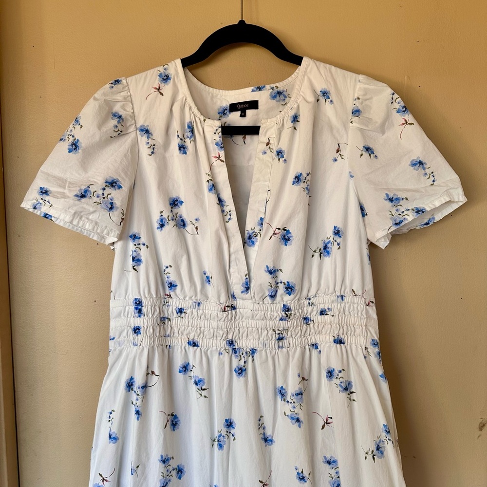 Quince White Maxi Dress with Blue Floral Print